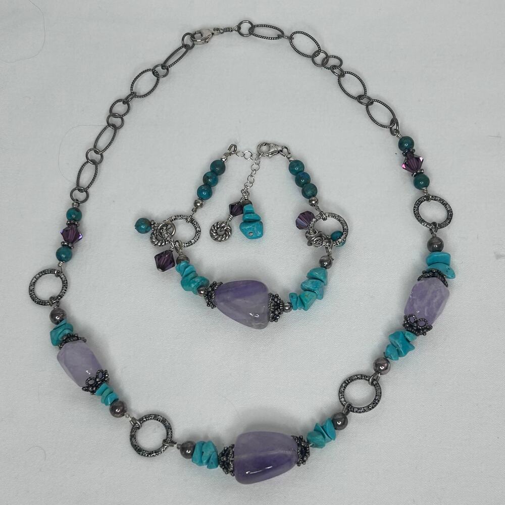 OOAK Handmade Turquoise Amethyst Swarovski Crystal Necklace Bracelet Set